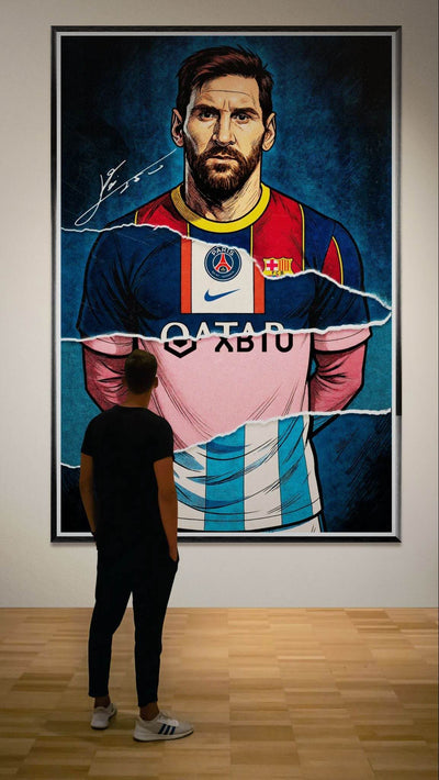 Lionel Messi Split Kit Pop Art Framed Poster – Eco-Friendly, Ready to Hang - Vibrantwalls