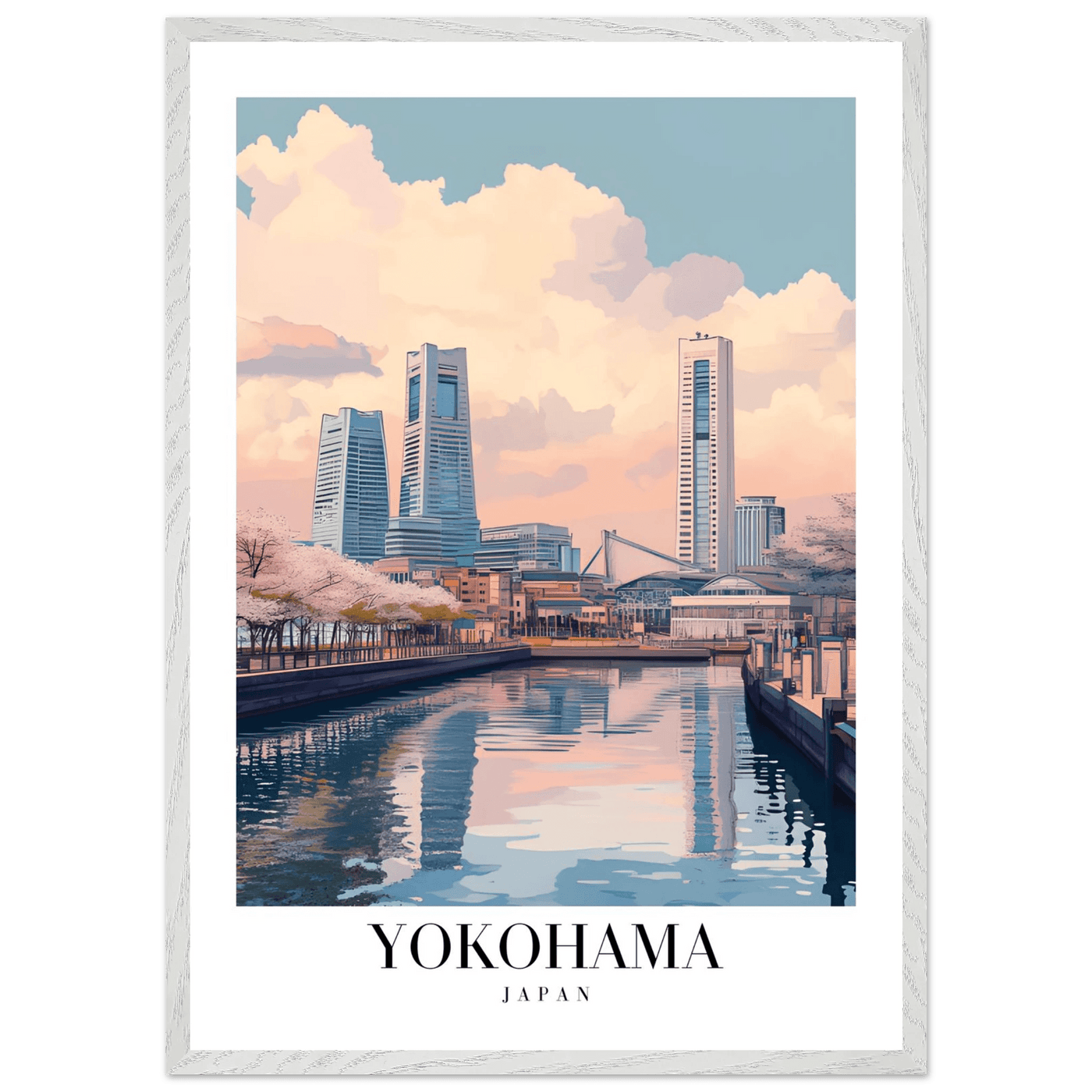 Yokohama Japan Framed Poster – Serene Pastel Cityscape Wall Art with Wooden Frame - Vibrantwalls