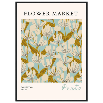 Flower Market Porto Abstract Floral Framed Poster | Calming Blue & Gold Botanical Art Print, Ready-to-Hang - Vibrantwalls