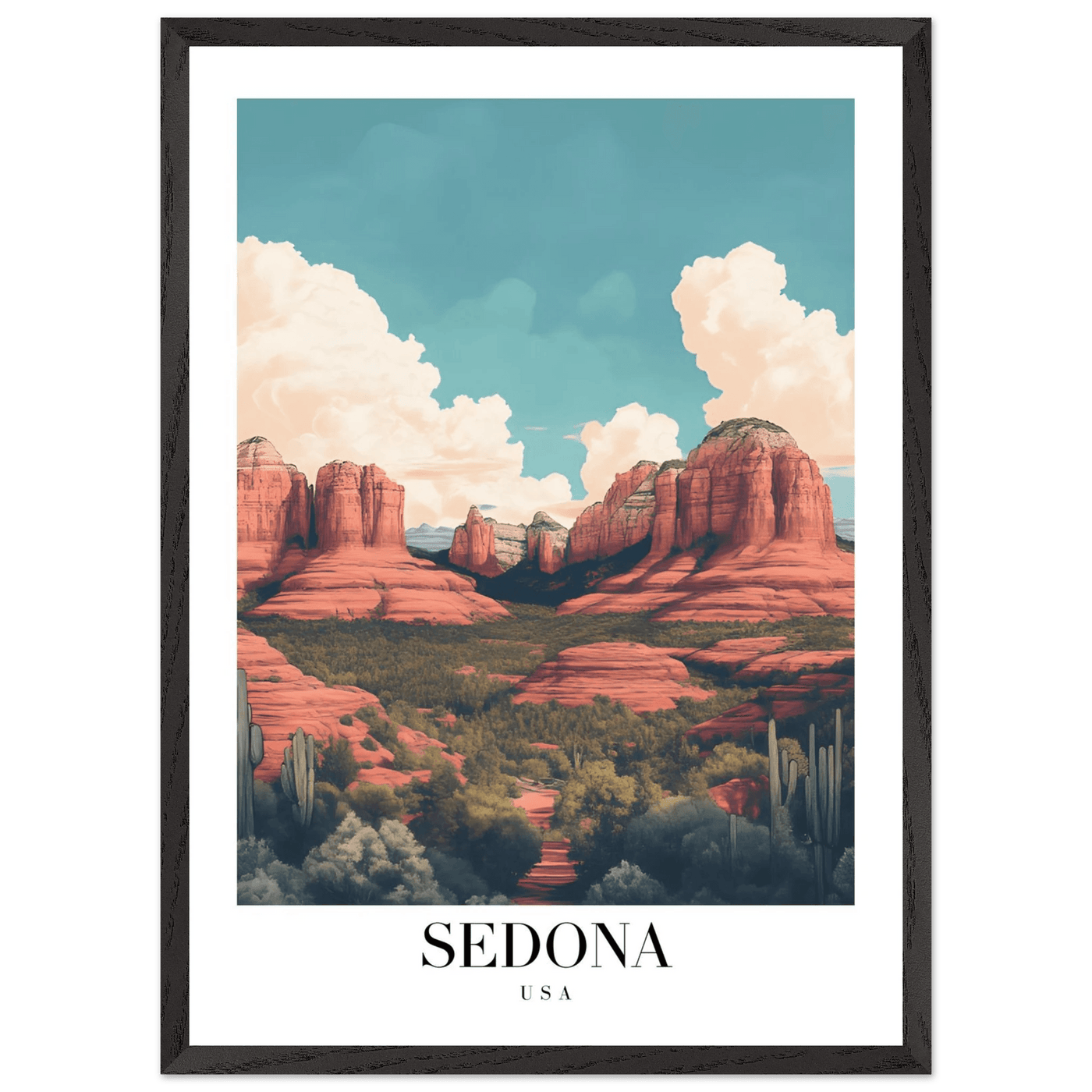 Sedona USA Framed Poster – Iconic Red Rocks Wall Art with Vintage Desert Vibes - Vibrantwalls