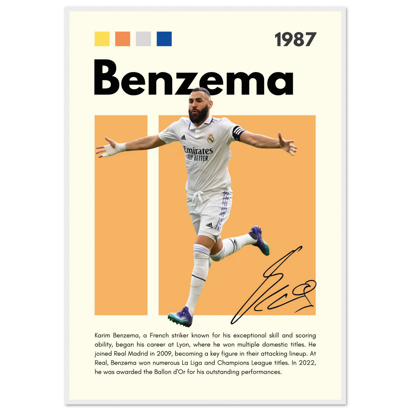 Karim Benzema Real Madrid Soccer Framed Poster – Modern Football Art Print with Signature Detail 70x100 cm 28x40″ White frame Vibrantwalls