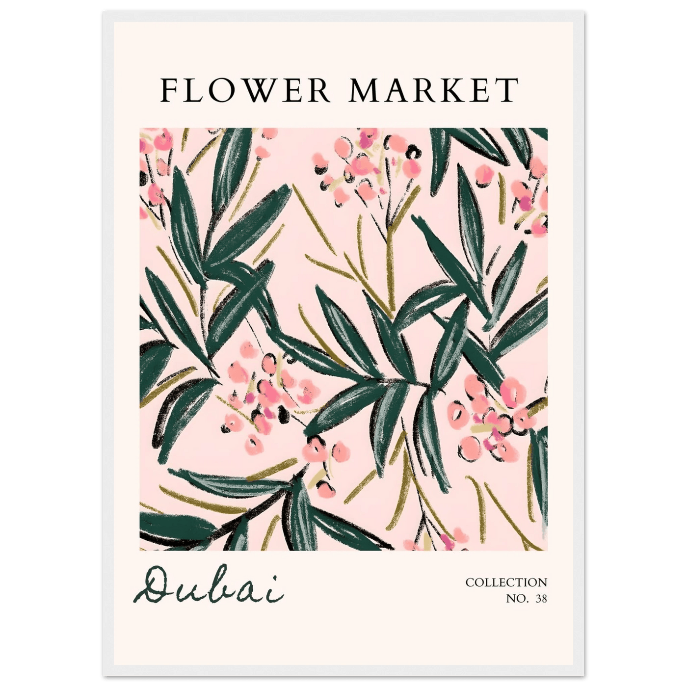 Dubai Flower Market Art Print – Blush Pink & Emerald Green Botanical Framed Poster | Ready-to-Hang - Vibrantwalls