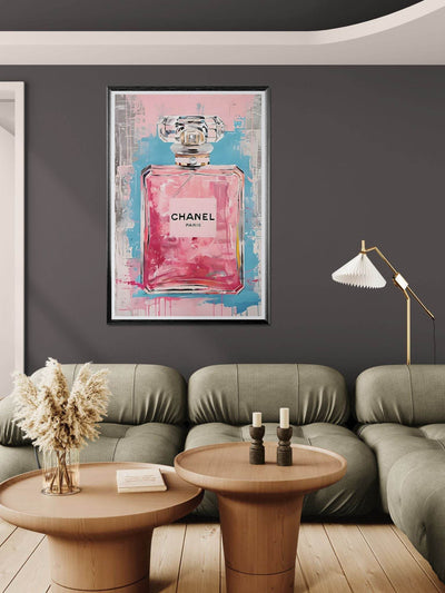 Coco Mademoiselle Chanel Art Print - Pink & Blue Pop Art Style Framed Poster - Vibrantwalls