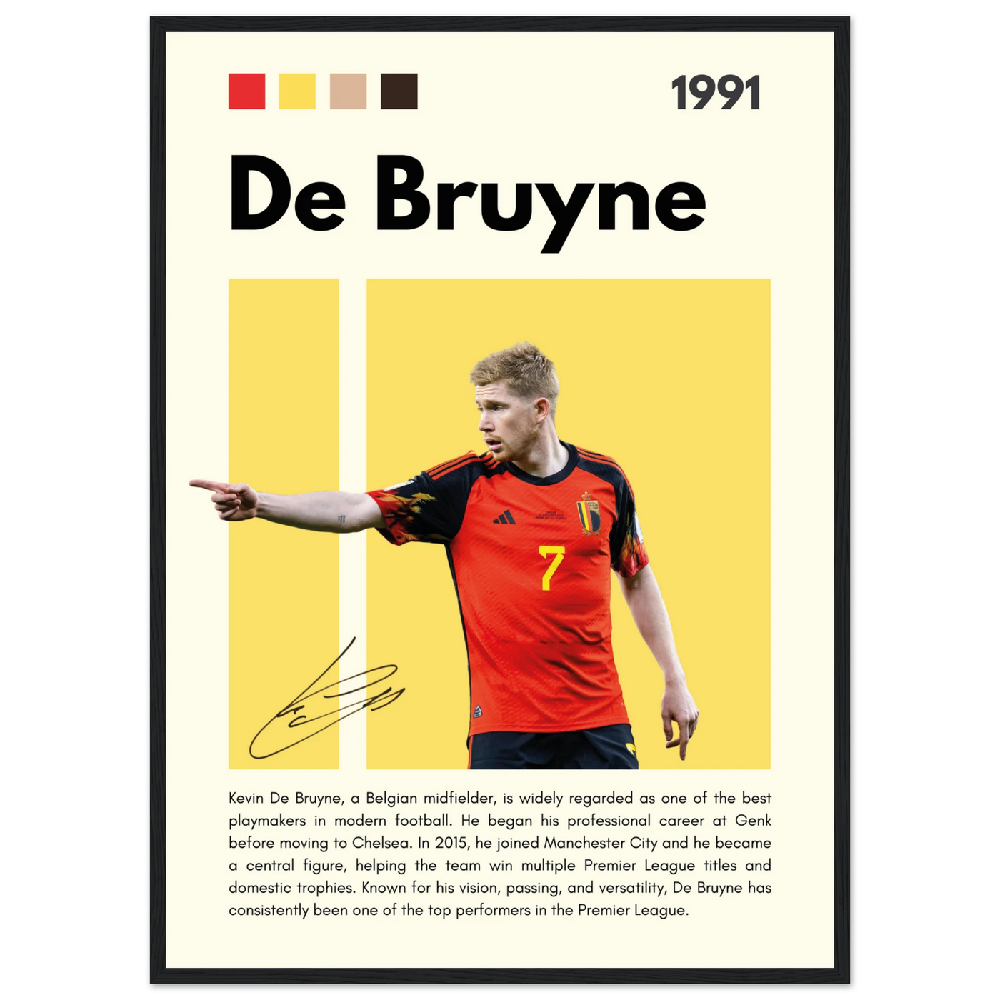 Kevin De Bruyne Football Legend Framed Poster – Vibrant Pop Art Print for Modern Fans 50x70 cm 20x28″ Black frame Vibrantwalls