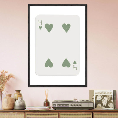 Minimalist Poker Card Art - Four of Hearts - Framed Poster, Sage Green Eco-Friendly Wood Frame - Vibrantwalls
