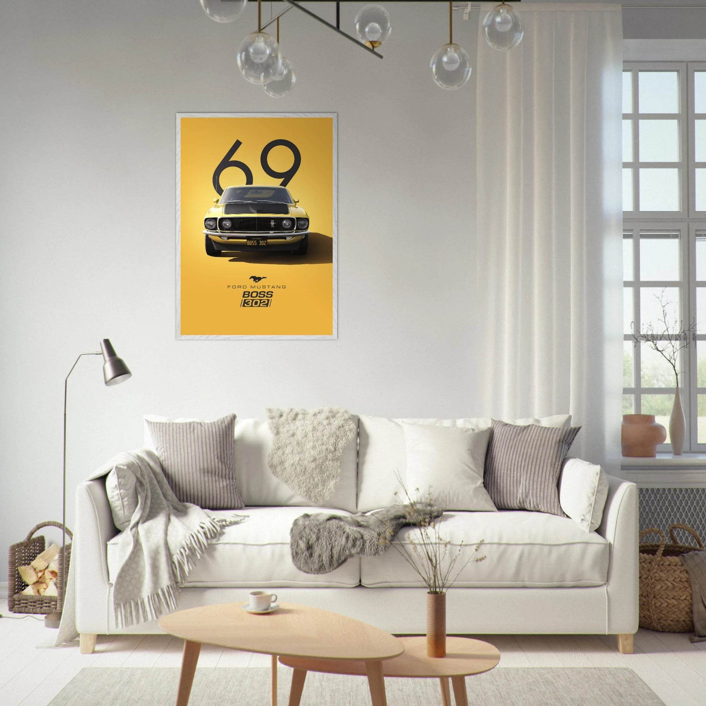 1969 Ford Mustang Boss 302 '69 - Iconic Yellow Framed Poster | Ready-to-Hang, Premium Art Print - Vibrantwalls