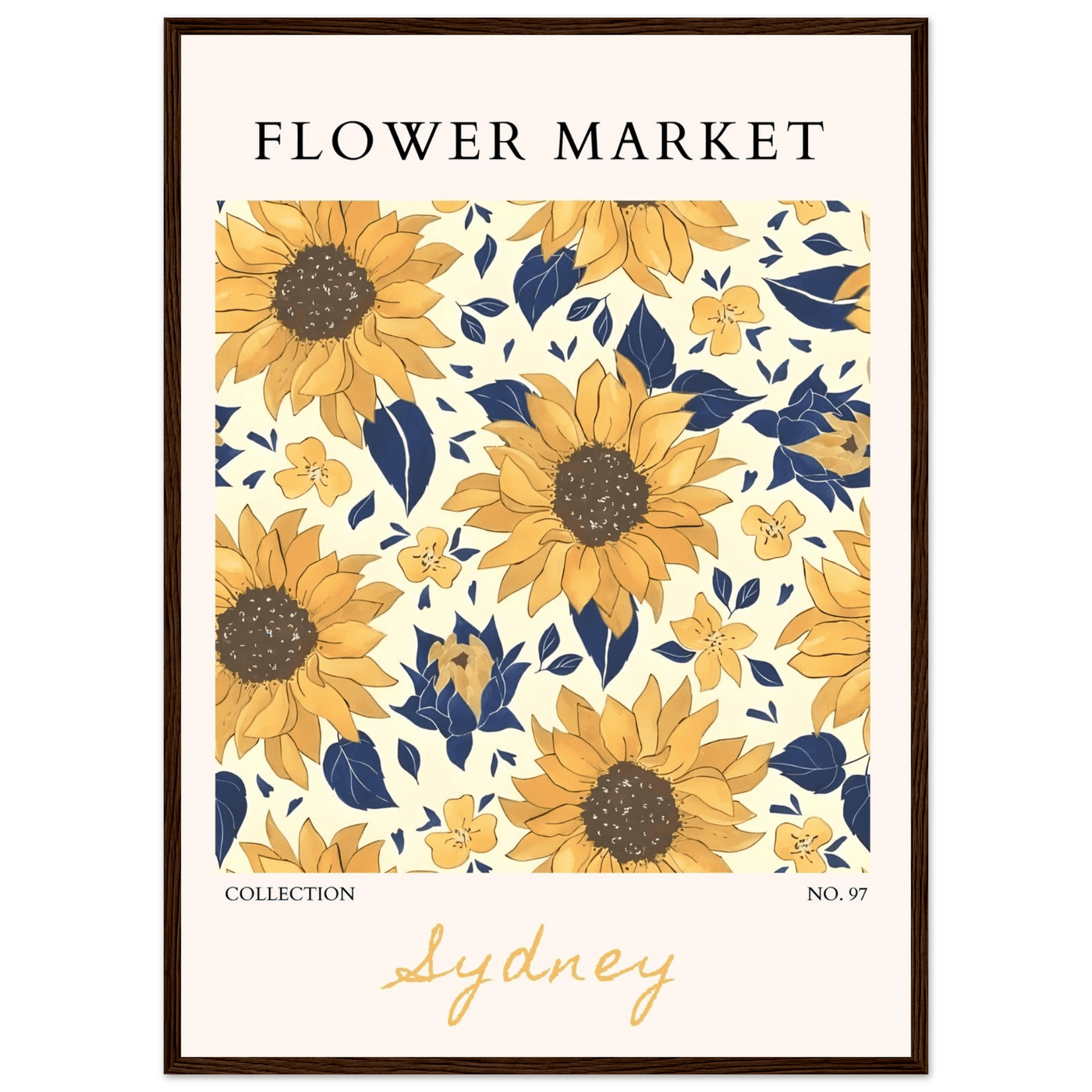 Vibrant Sunflower & Navy Floral Framed Poster – 'Flower Market Sydney' Collection | Ready-to-Hang Wall Art - Vibrantwalls