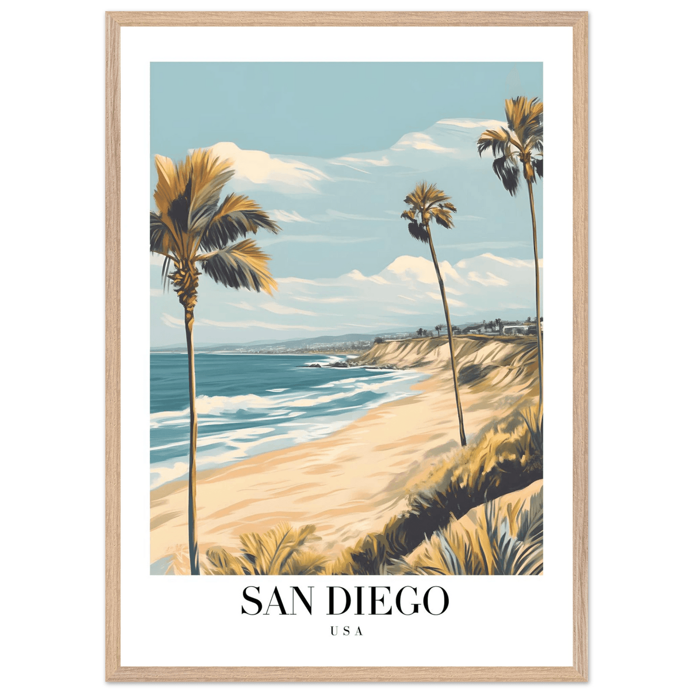 San Diego USA Framed Poster – Vintage Beach Travel Wall Art with Wooden Frame in Your Choice of Size and Finish - Vibrantwalls