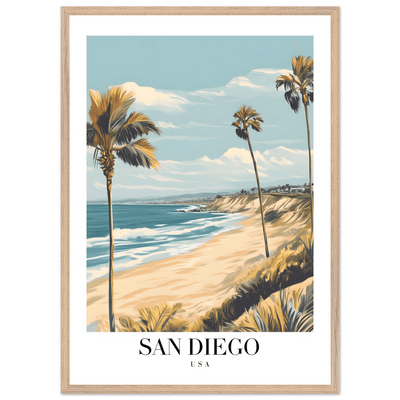 San Diego USA Framed Poster – Vintage Beach Travel Wall Art with Wooden Frame in Your Choice of Size and Finish - Vibrantwalls