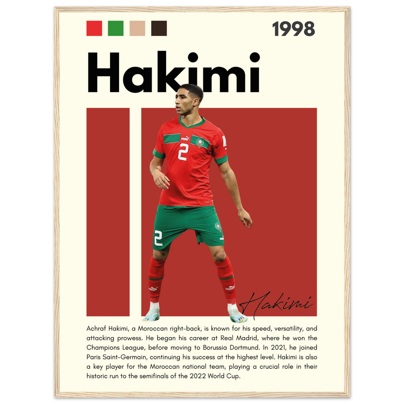 Achraf Hakimi Morocco Framed Football Legend Poster 60x80 cm 24x32″ Wood frame Vibrantwalls