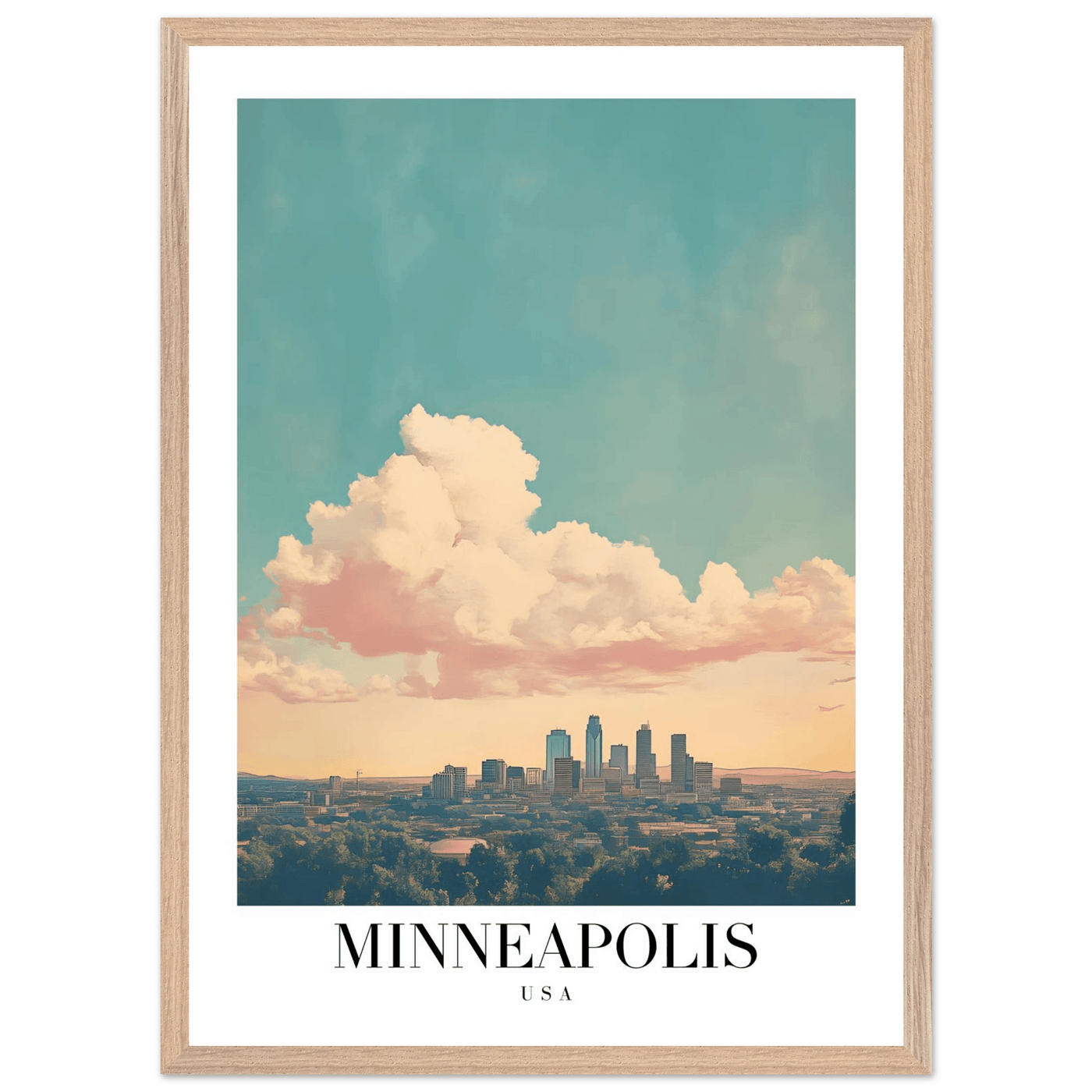 Minneapolis USA Framed Poster – Pastel Dream Sky Vintage Cityscape Art with Premium Wooden Frame - Vibrantwalls