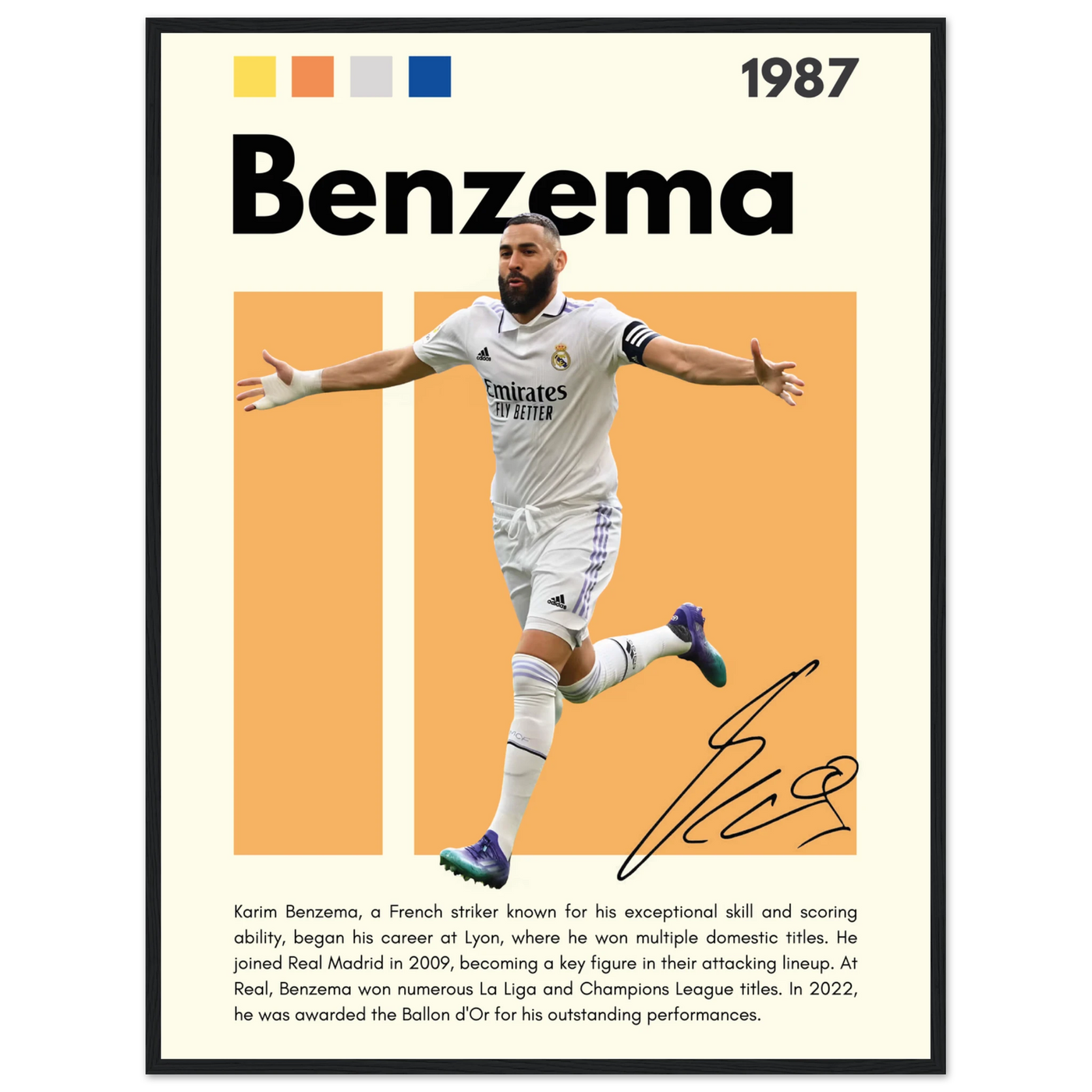 Karim Benzema Real Madrid Soccer Framed Poster – Modern Football Art Print with Signature Detail 60x80 cm 24x32″ Black frame Vibrantwalls