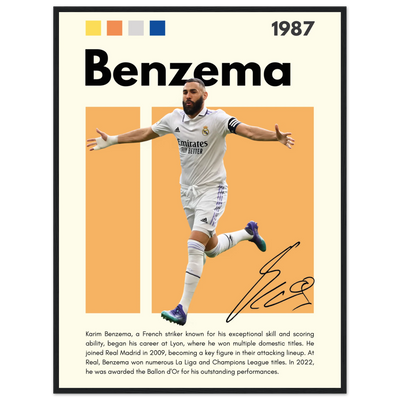 Karim Benzema Real Madrid Soccer Framed Poster – Modern Football Art Print with Signature Detail 60x80 cm 24x32″ Black frame Vibrantwalls