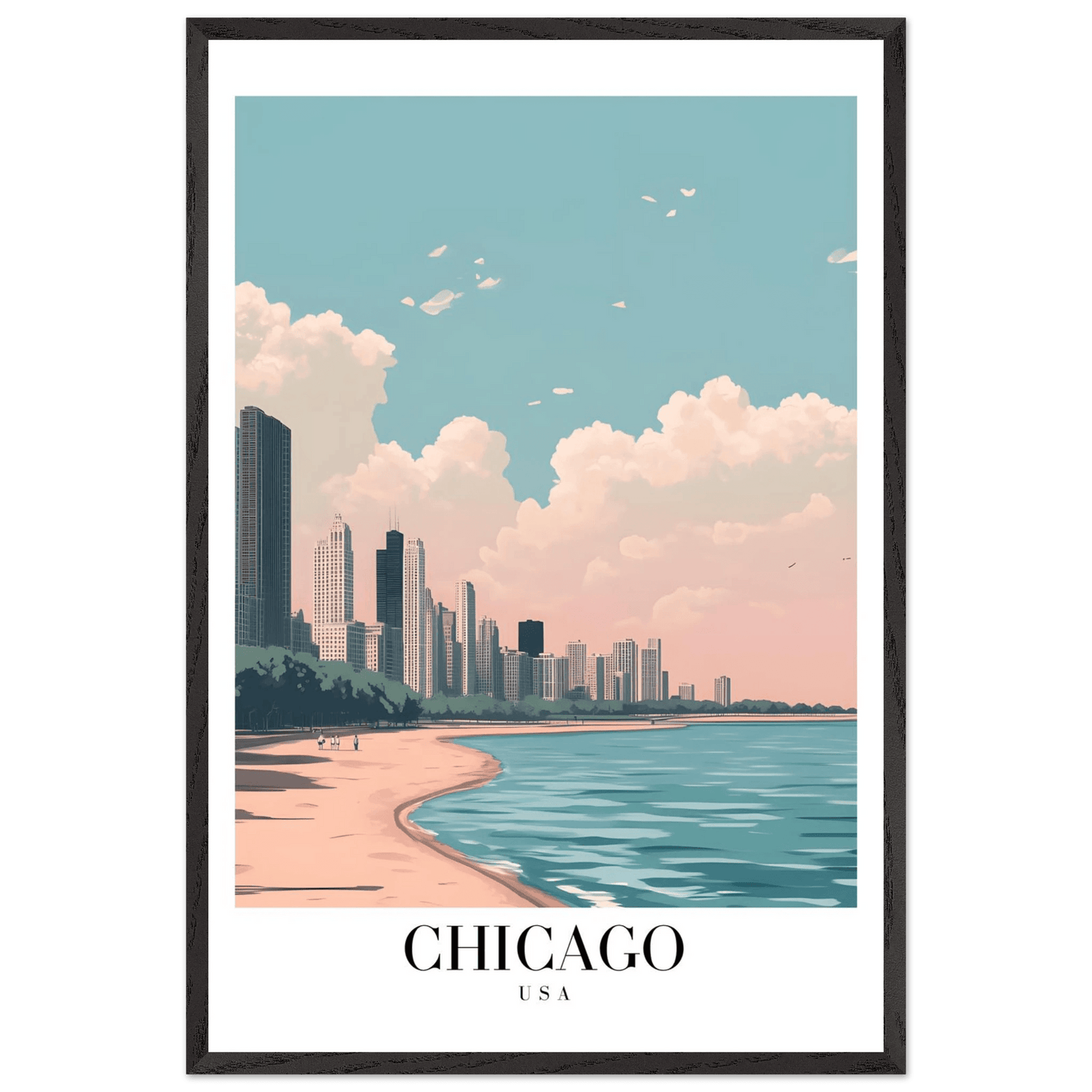 Chicago Lakeside View Framed Poster – Pastel Cityscape Wall Art with Wooden Frame - Vibrantwalls