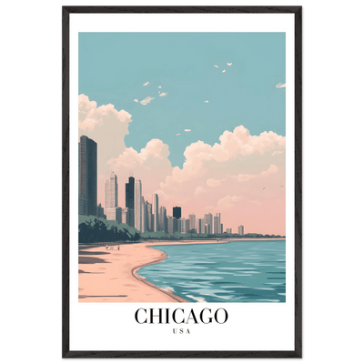 Chicago Lakeside View Framed Poster – Pastel Cityscape Wall Art with Wooden Frame - Vibrantwalls