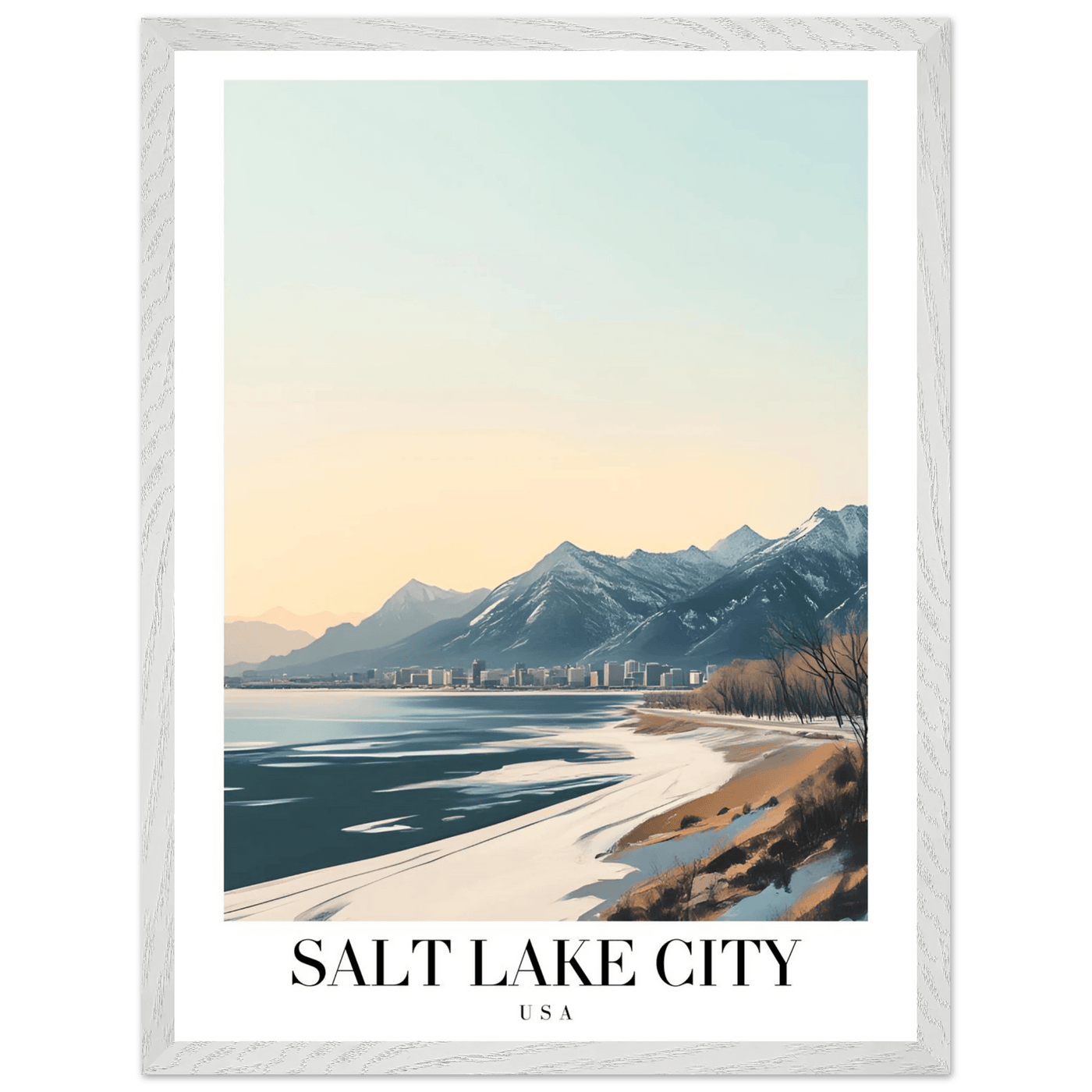 Salt Lake City Framed Poster – Modern Winter Landscape Art with Wood Frame - Vibrantwalls