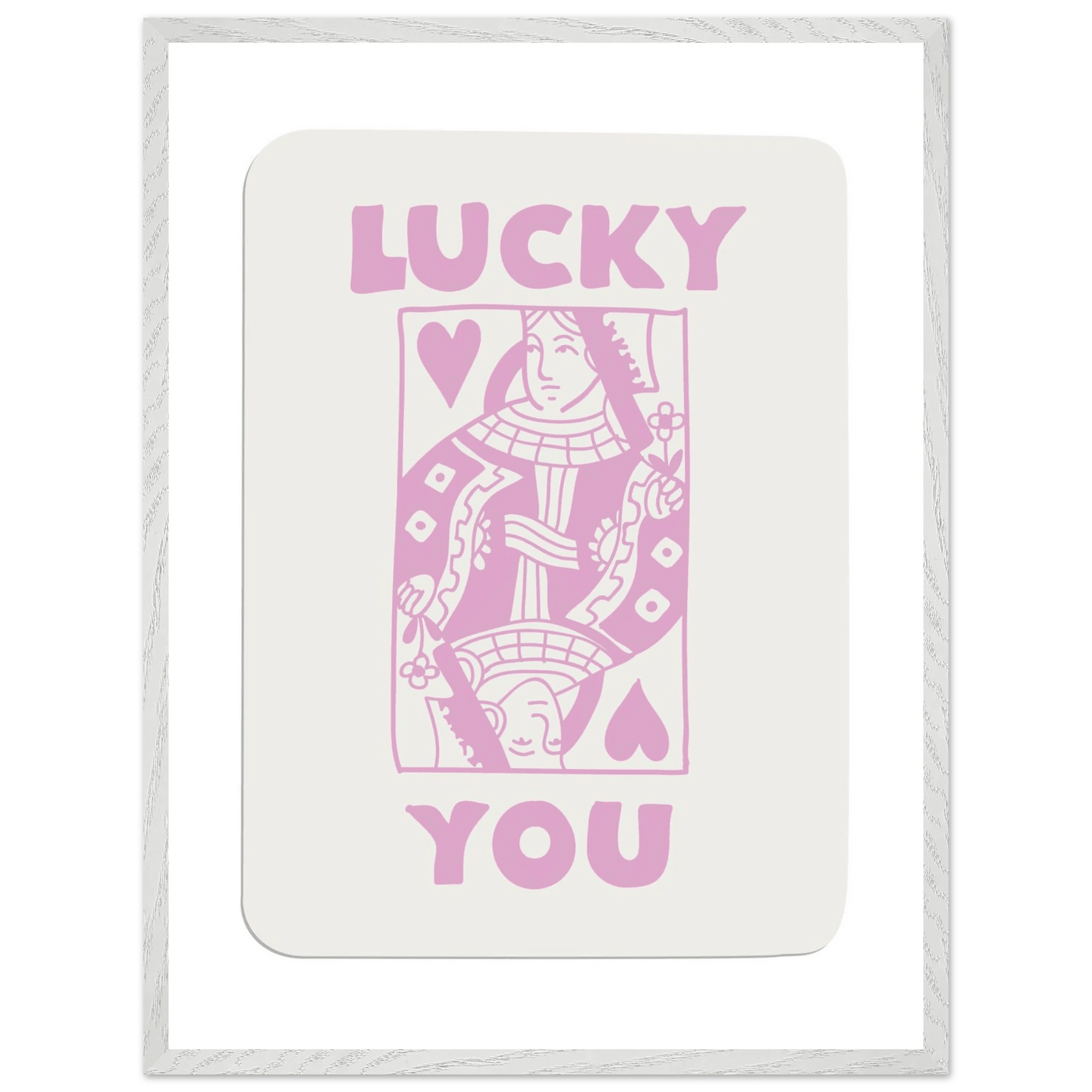 Lucky You Poker Card Art Print - Queen of Hearts Framed Poster, Pink & Cream Aesthetic Decor - Vibrantwalls