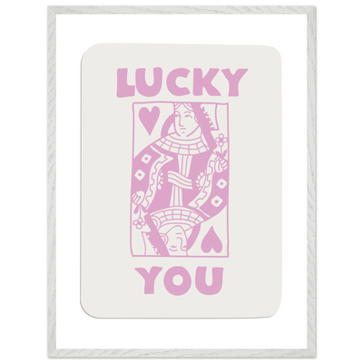 Lucky You Poker Card Art Print - Queen of Hearts Framed Poster, Pink & Cream Aesthetic Decor - Vibrantwalls