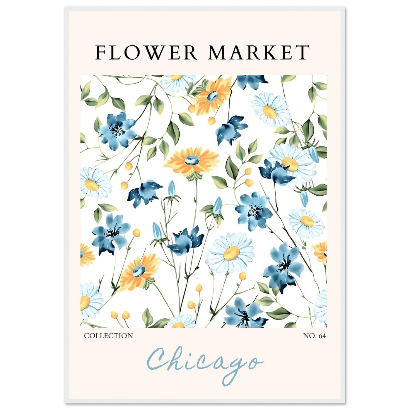 Flower Market Chicago Collection Framed Poster – Whimsical Blue & Yellow Floral Art Print | Ready-to-Hang - Vibrantwalls