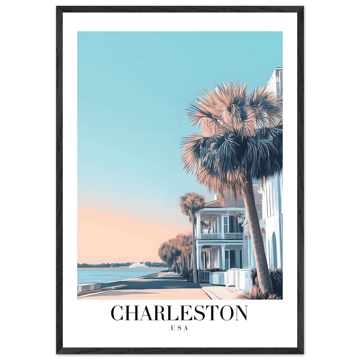 Charleston USA Framed Poster – Coastal Vintage Wall Art with Wooden Frame and Serene Sunset Hues - Vibrantwalls
