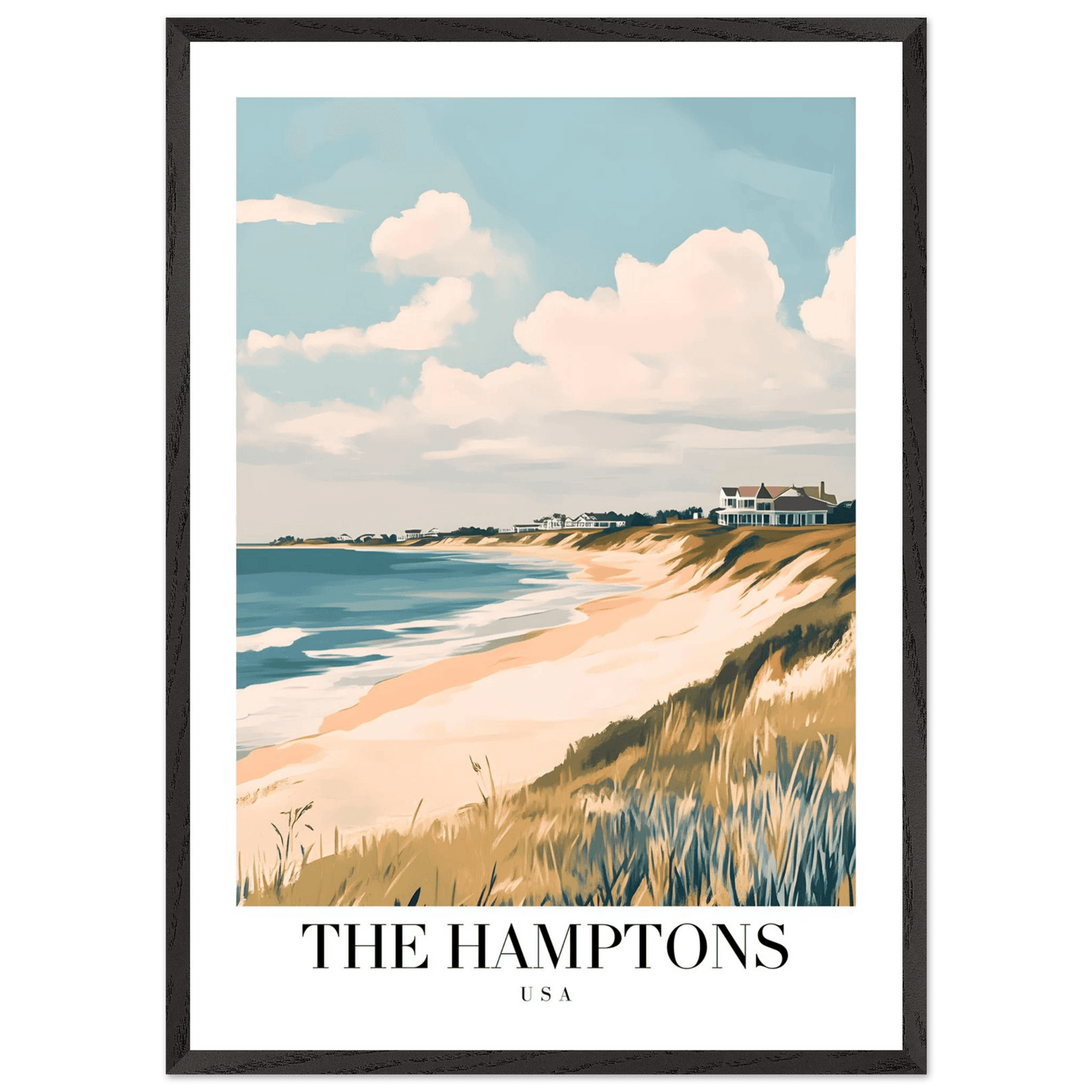The Hamptons USA Framed Poster – Coastal Chic Vintage Travel Wall Art in Various Sizes & Frame Finishes - Vibrantwalls