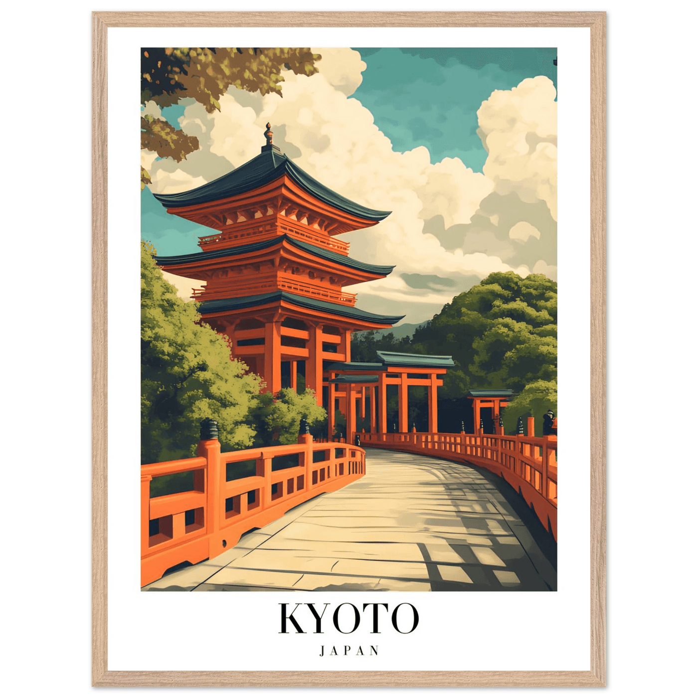 Kyoto Japan Pagoda Framed Poster – Japanese Temple Wall Art in Vibrant Orange with Wooden Frame - Vibrantwalls
