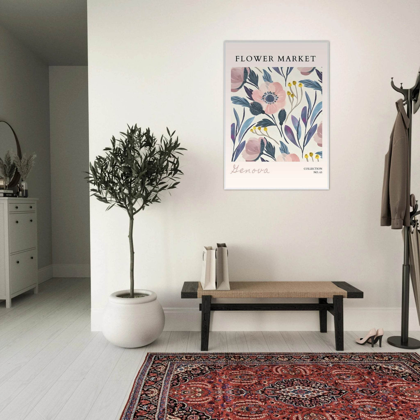Flower Market 'Genova' Framed Poster – Blush & Indigo Floral Art Print | Ready-to-Hang Botanical Decor - Vibrantwalls