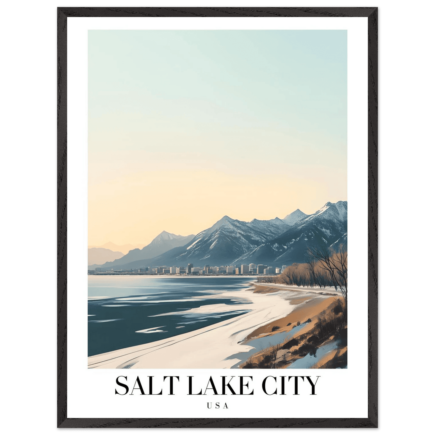 Salt Lake City Framed Poster – Modern Winter Landscape Art with Wood Frame - Vibrantwalls