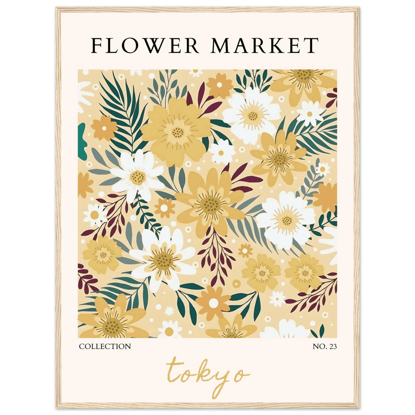 Tokyo Flower Market Framed Poster – Botanical Golden & White Floral Print | Ready-to-Hang Wall Art - Vibrantwalls