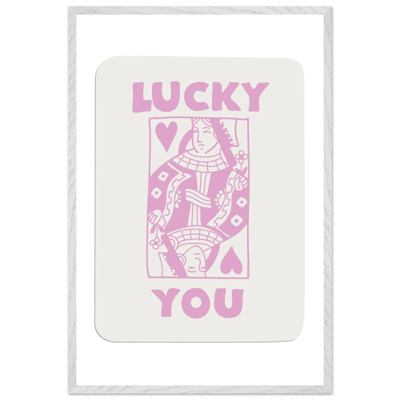 Lucky You Poker Card Art Print - Queen of Hearts Framed Poster, Pink & Cream Aesthetic Decor - Vibrantwalls