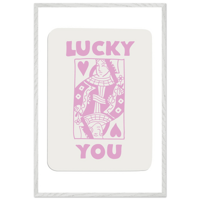 Lucky You Poker Card Art Print - Queen of Hearts Framed Poster, Pink & Cream Aesthetic Decor - Vibrantwalls