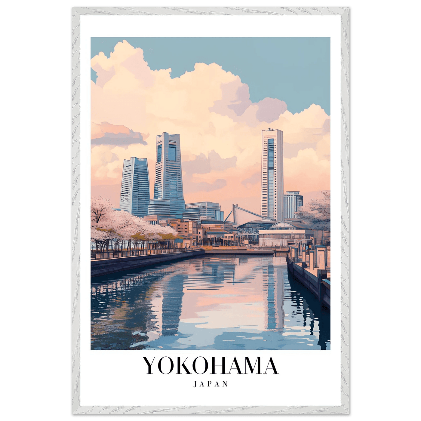 Yokohama Japan Framed Poster – Serene Pastel Cityscape Wall Art with Wooden Frame - Vibrantwalls