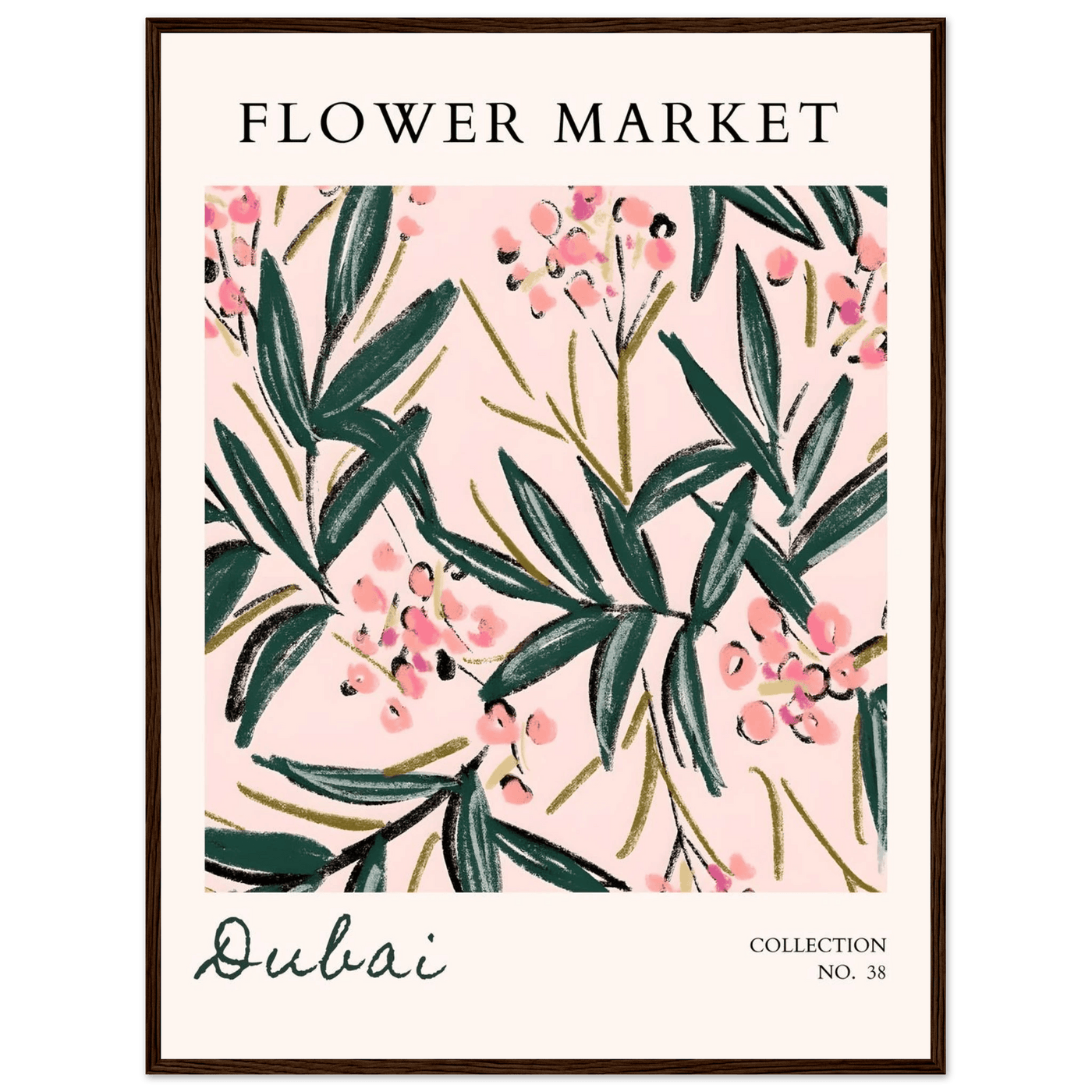 Dubai Flower Market Art Print – Blush Pink & Emerald Green Botanical Framed Poster | Ready-to-Hang - Vibrantwalls