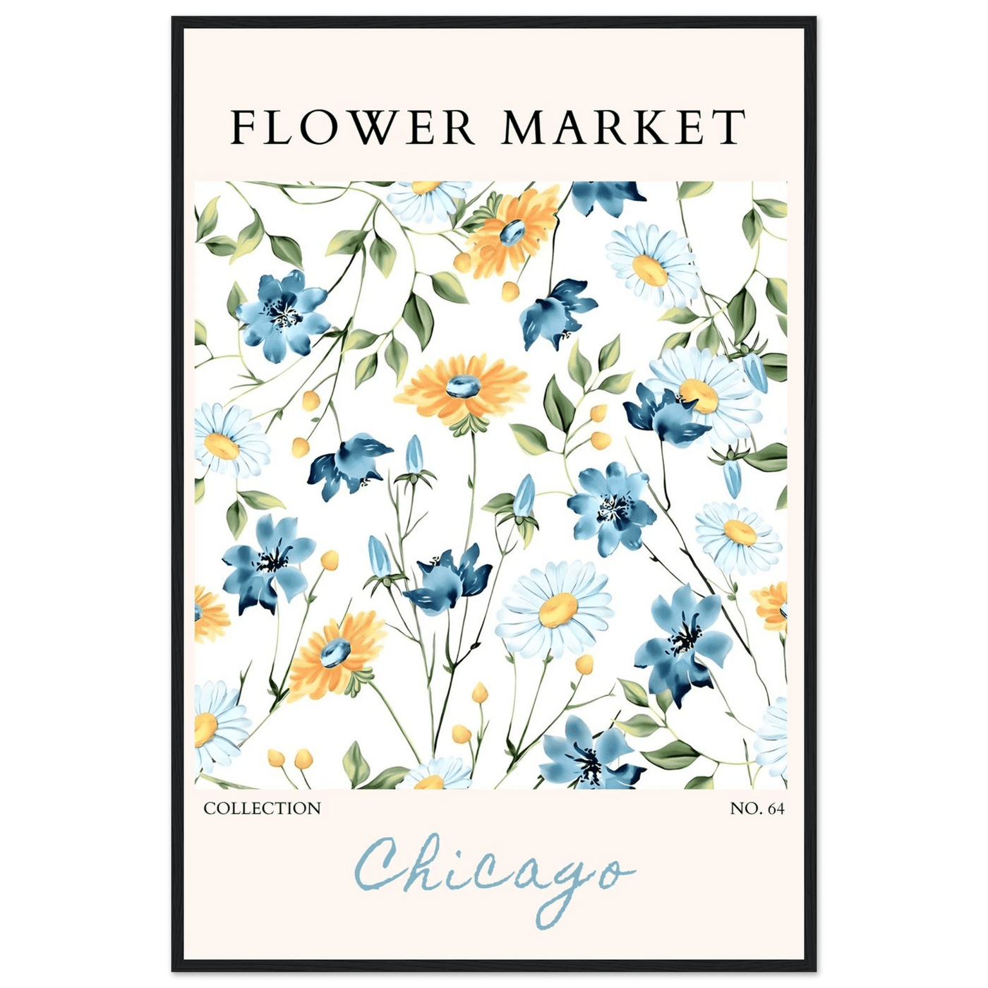 Flower Market Chicago Collection Framed Poster – Whimsical Blue & Yellow Floral Art Print | Ready-to-Hang - Vibrantwalls