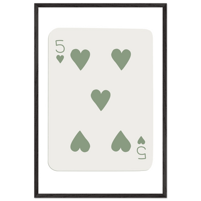 Five of Hearts Poker Card Print - Sage Green Aesthetic Framed Art, Eco-Friendly Wood Frame in Multiple Sizes - Vibrantwalls