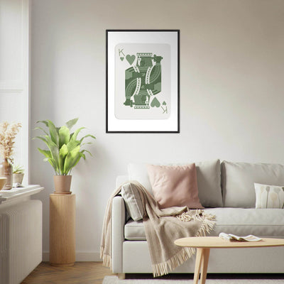 King of Hearts Poker Card Print - Sage Green & White Framed Art, Eco-Friendly Wood Frame - Vibrantwalls