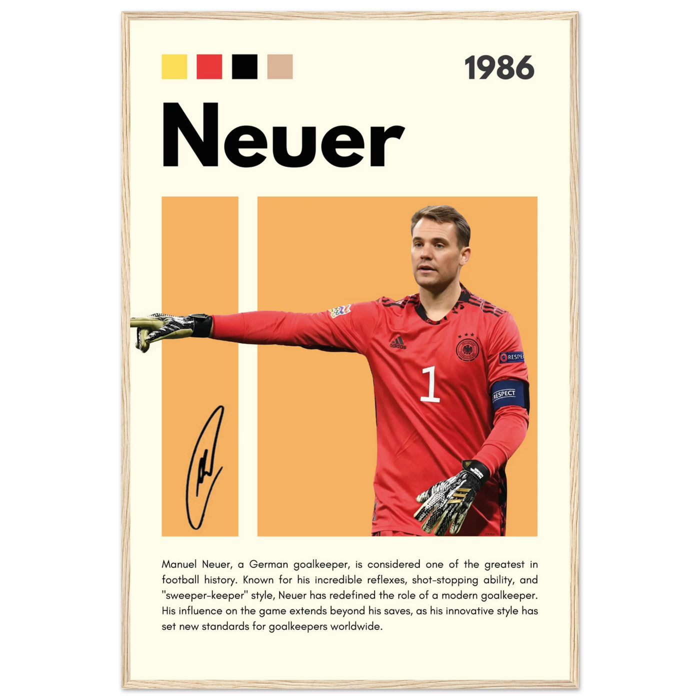 Manuel Neuer Goalkeeper Framed Football Legend Poster 60x90 cm 24x36″ Wood frame Vibrantwalls