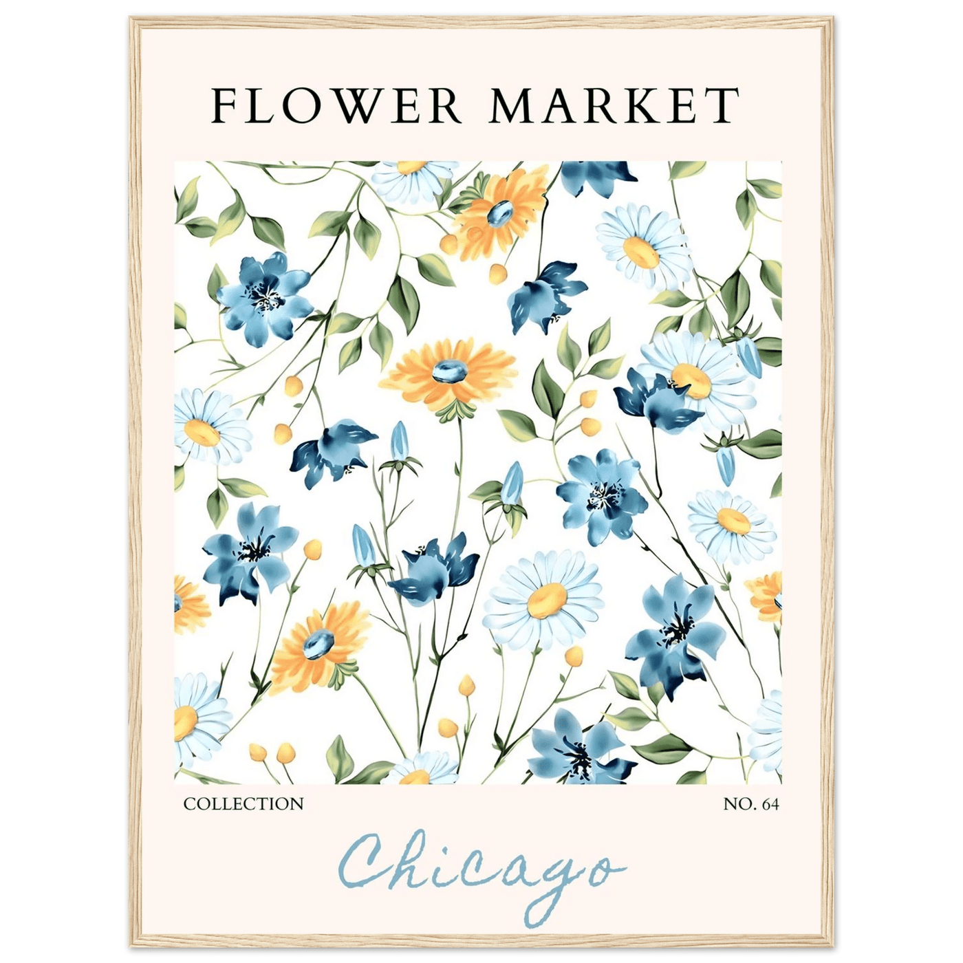 Flower Market Chicago Collection Framed Poster – Whimsical Blue & Yellow Floral Art Print | Ready-to-Hang - Vibrantwalls