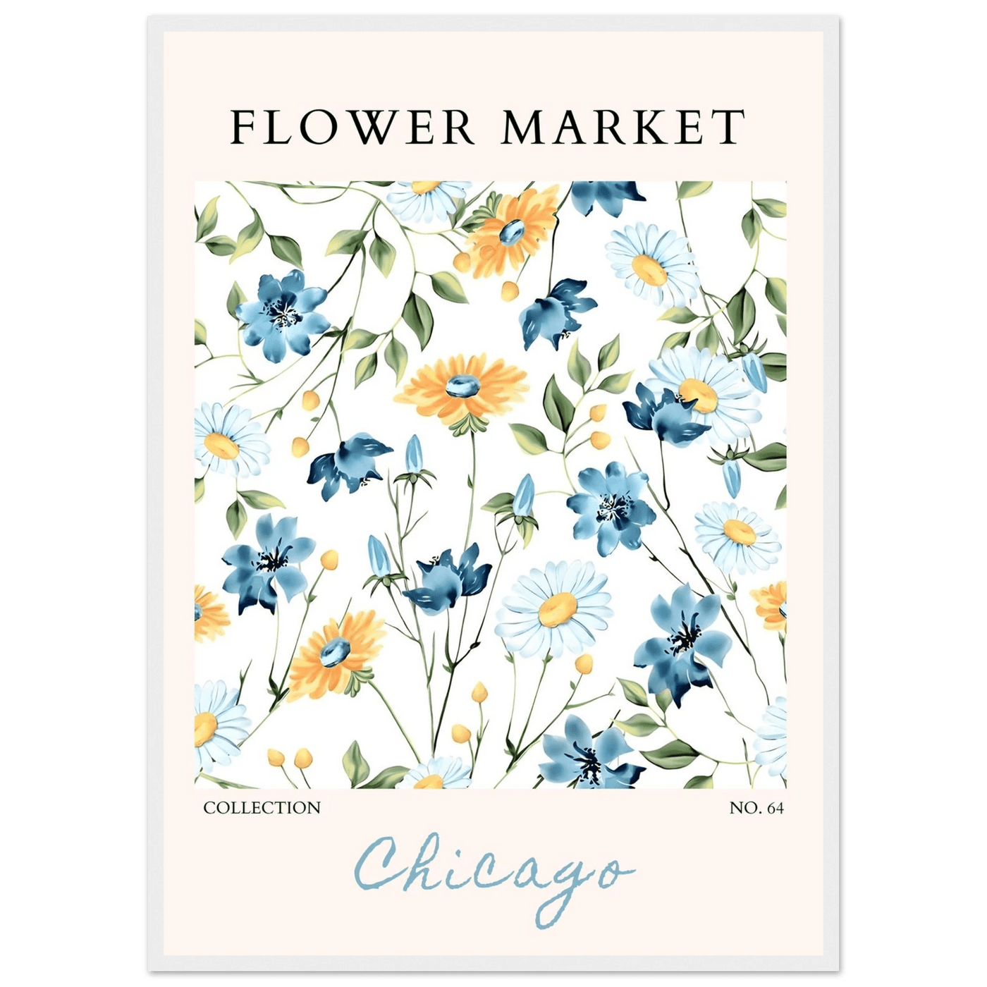 Flower Market Chicago Collection Framed Poster – Whimsical Blue & Yellow Floral Art Print | Ready-to-Hang - Vibrantwalls