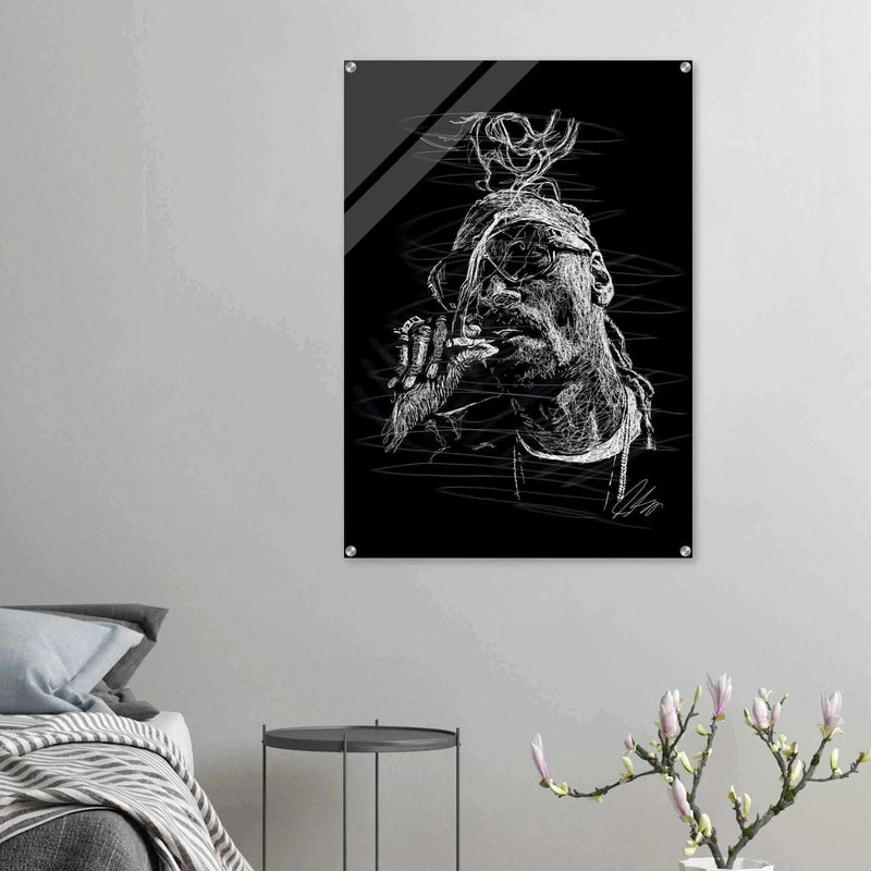 Snoop Dog Acrylic Print - Dynamic Black & White Scribble Art for Stylish Wall Decor - Vibrantwalls