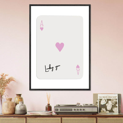 Lucky You Ace of Hearts Poker Card Print - Mounted Framed Wall Art, Eco-Friendly Wood Frame & Soft Pink Hues - Vibrantwalls