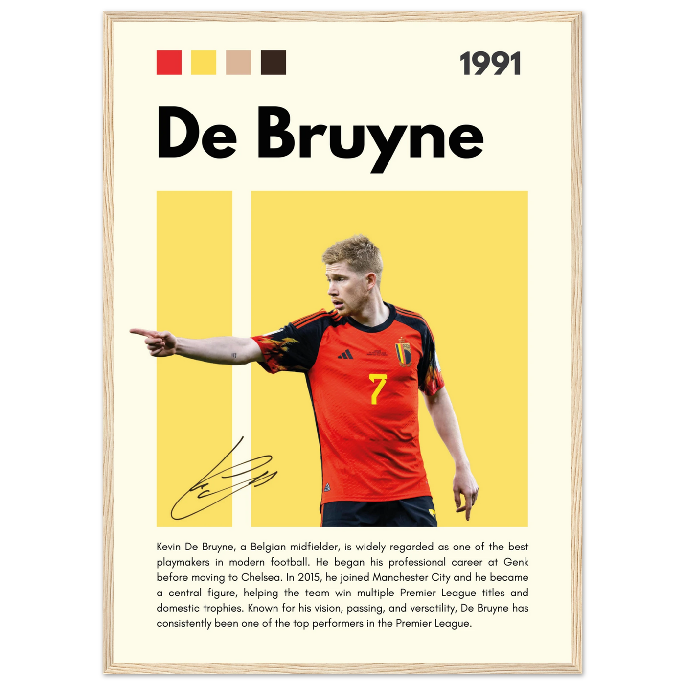 Kevin De Bruyne Football Legend Framed Poster – Vibrant Pop Art Print for Modern Fans 50x70 cm 20x28″ Wood frame Vibrantwalls