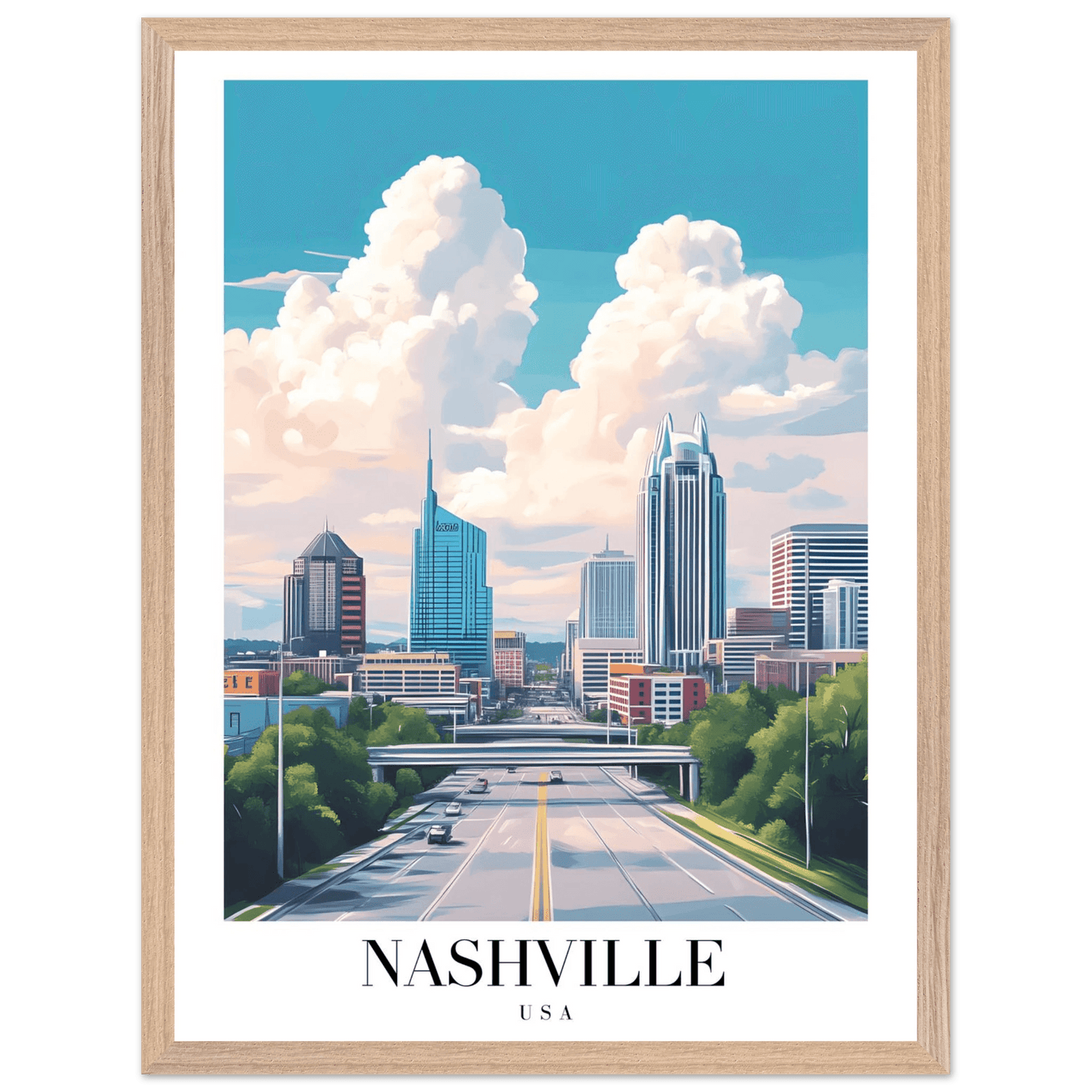 Nashville USA Cityscape Framed Poster – Modern Travel Wall Art with Wooden Frame & Your Choice of Size - Vibrantwalls