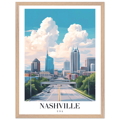 Nashville USA Cityscape Framed Poster – Modern Travel Wall Art with Wooden Frame & Your Choice of Size - Vibrantwalls