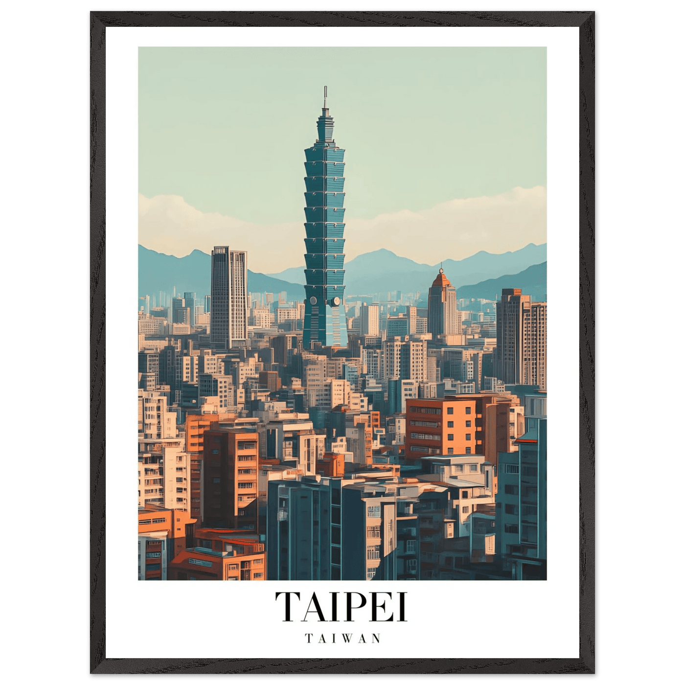 Taipei Taiwan Cityscape Framed Poster – Modern Retro Travel Art with Wooden Frame Options - Vibrantwalls