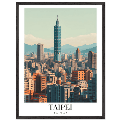 Taipei Taiwan Cityscape Framed Poster – Modern Retro Travel Art with Wooden Frame Options - Vibrantwalls
