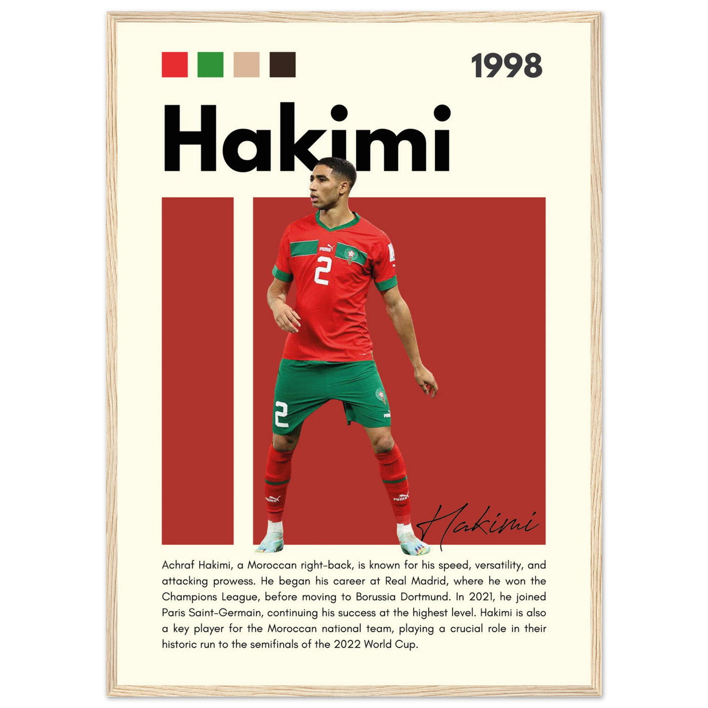 Achraf Hakimi Morocco Framed Football Legend Poster 50x70 cm 20x28″ Wood frame Vibrantwalls