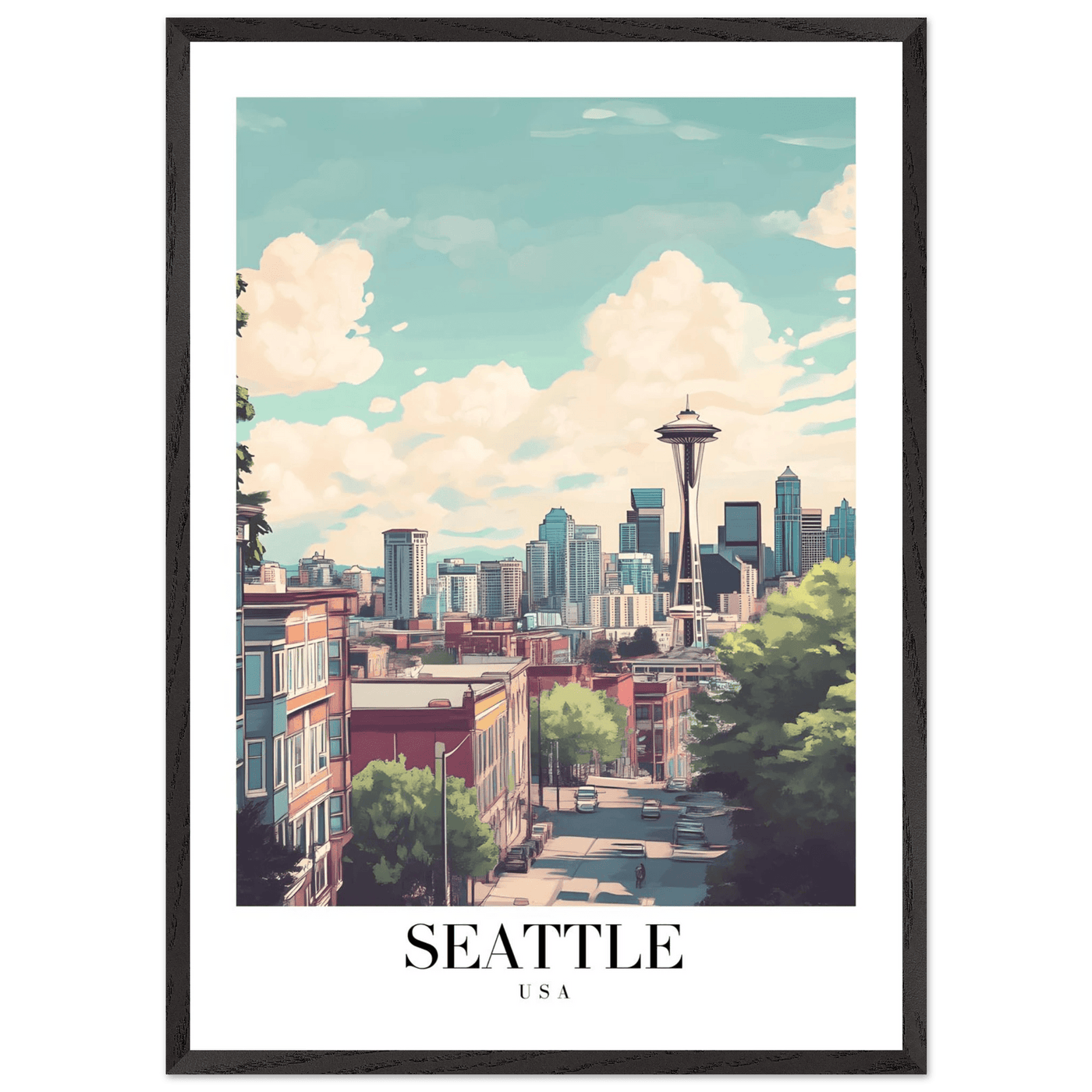 Seattle USA Framed Poster – Charming Watercolor Cityscape Wall Art with Wooden Frame - Vibrantwalls