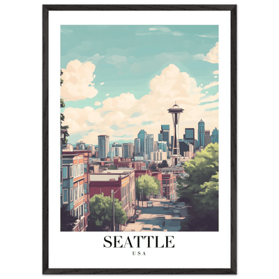 Seattle USA Framed Poster – Charming Watercolor Cityscape Wall Art with Wooden Frame - Vibrantwalls