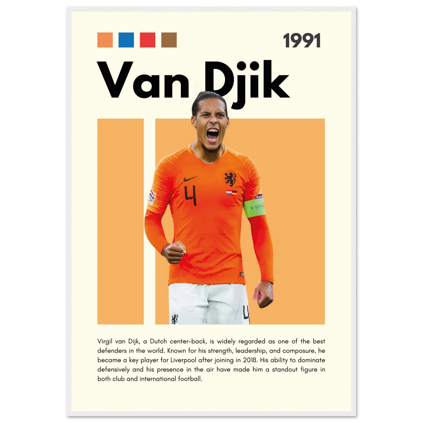 Virgil van Dijk Liverpool/Netherlands Football Framed Poster - Orange & Dynamic Sports Art Print 70x100 cm 28x40″ White frame Vibrantwalls